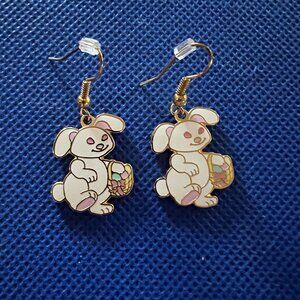 Vintage Easter Bunny Pierced Earrings Dangles Fishhook White Rabbit Easter Eggs